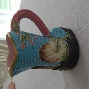 Majolica vintage shell ocean pitcher aqua blue pink shabby chic French country
